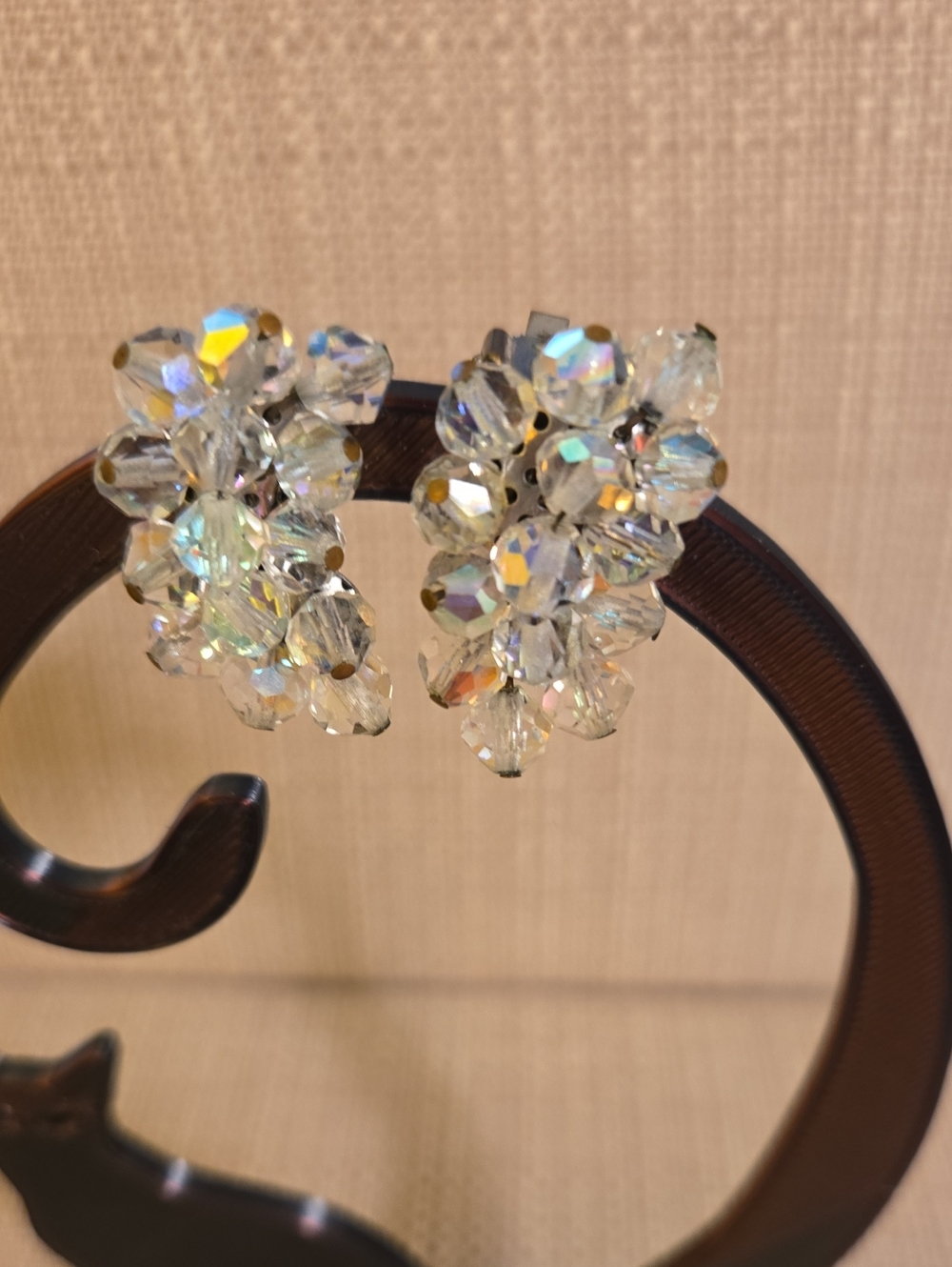 Vintage Clear Crystal Cluster Clip-on Earrings With Aurora Borealis Finish